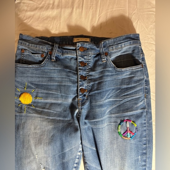 MADEWELL Cali Demi Boot Hand Embroidered Hippie Peace Sign Jeans Upcycled Sz 31 - Picture 8 of 16